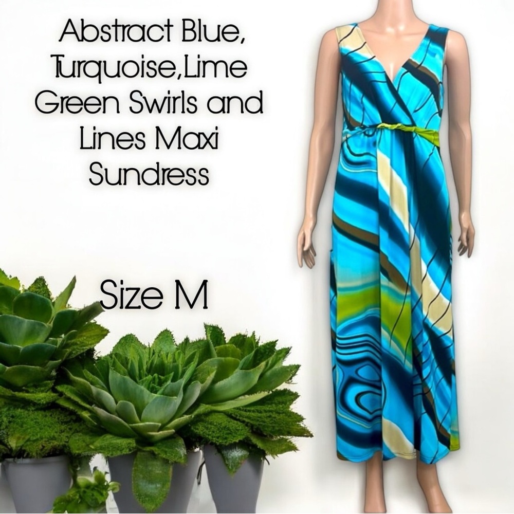 Abstract Blue Turquoise Lime Green Swirls and Lines Maxi Sundress